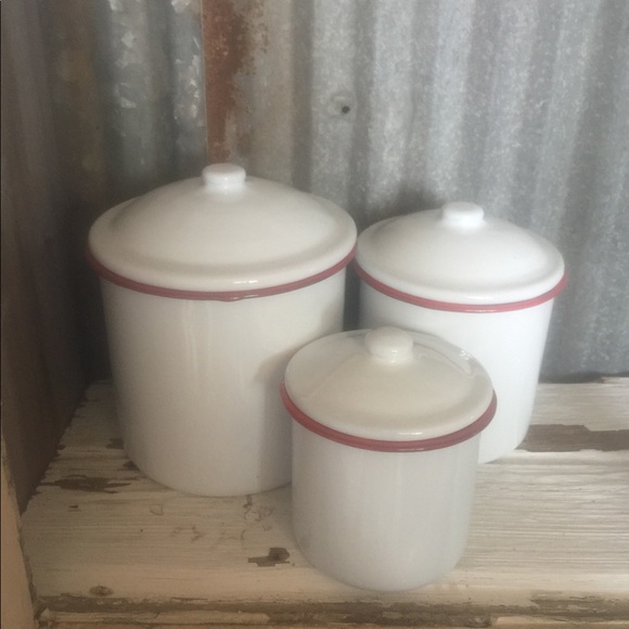 NWT 3/Set Red Rim Enamel Canisters - Picture 2 of 3